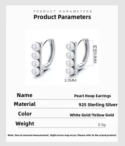 Detailed size specifications for S925 silver hoop earrings with four shell pearls