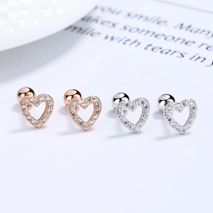 S925 Sterling Silver Heart Stud Earrings with Zircon Pavé and Screw Back Closures
