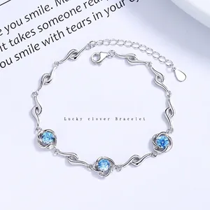 925 Sterling Silver Four Leaf Clover Flower Bracelet For Women Sparkling Rhinestone Heart Adjustable Chain Fashion Jewelry