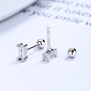 Minimalist S925 sterling silver rectangular emerald stud earrings with screw back ball closure