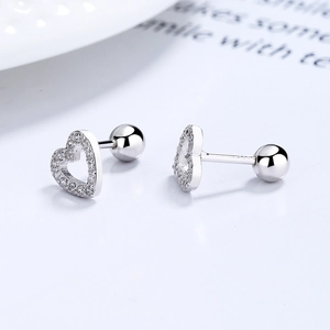 S925 sterling silver heart-shaped stud earrings with micro-paved zircons and screw backs