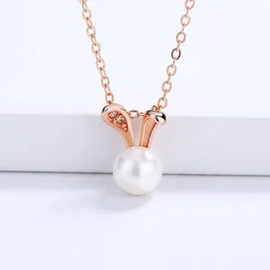 Bunny Pendant Necklace 925 Sterling Silver Rabbit Artificial Pearl Zircon Jewelry For Women Sweet Animal Style
