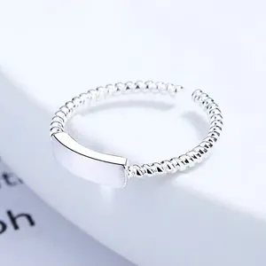 925 Sterling Silver Twisted Rope Open Ring For Women Minimalist Design Rectangle Tag Adjustable Fashion Jewelry Finger Ring