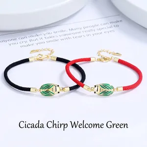 925 Sterling Silver Cicada Charm Braided Rope Bracelet For Women Men Adjustable Enamel Insect Couple Jewelry Good Luck Gift