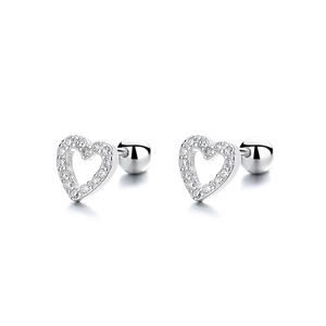 S925 sterling silver heart stud earrings with sparkling zircon and screw back closure