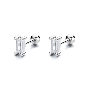Minimalist 925 sterling silver screw back stud earrings with rectangular clear zircon