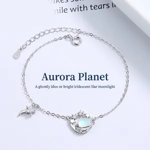 Bracciale a Stella in Argento Sterling 925 Aurora Planet Moonstone per Donna Semplice Moda Coreana Cielo Stellato Bracciale con Ciondoli