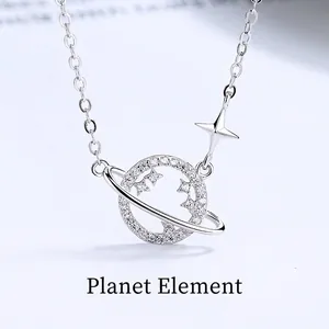925 Sterling Silver Planet Necklace For Women Sweet Hollow Saturn Pendant With Rhinestone Star Charming Clavicle Chain Jewelry