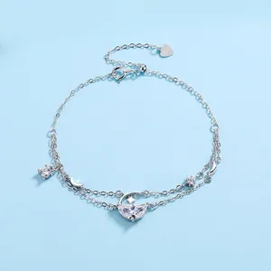 925 Sterling Silver Double Layer Bracelet For Women With Moon Star Rhinestone Pendants Minimalist Elegant Jewelry