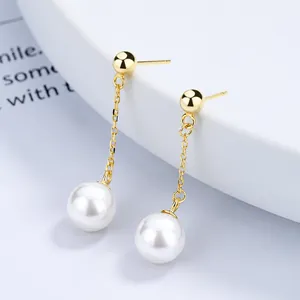 Élégantes boucles d'oreilles pendantes en argent s925 avec perle et chaîne longue