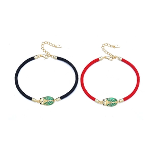 Handmade woven red and black cicada bracelets with green enamel S925 silver charms