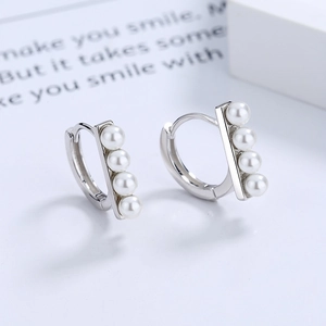 Elegant S925 sterling silver hoop earrings with four vertical white pearls for women