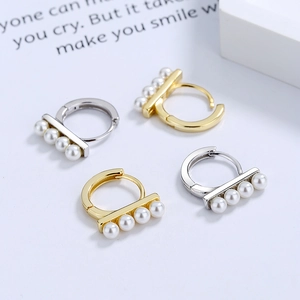 S925 sterling silver hoop earrings with a row of four pearls in gold and silver finishes
