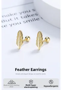 Close-up of 925 sterling silver gold feather earrings with secure screw back closure