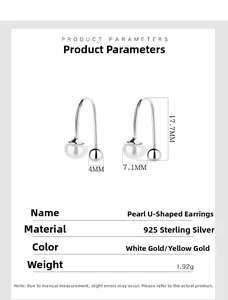 Detail specifications of U-shape S925 silver earrings with freshwater pearls and sizing