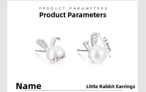 Detail view of 925 silver rabbit stud earrings with 7.2mm pearl and zircon inlay