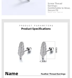 Detailed view of feather screw back earring dimensions 10mm height and 4.3mm width