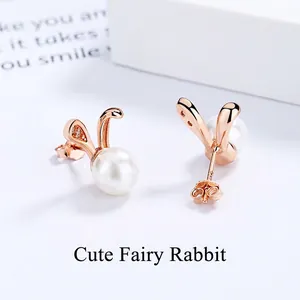 Cute Bunny Artificial Pearl Stud Earrings With 925 Sterling Silver Earring Post Zircon Inlaid Animal Ear Jewelry For Women Girls