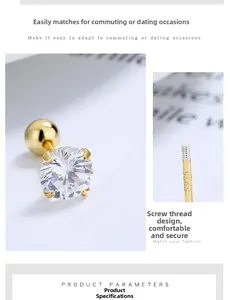 Détails des boucles d'oreilles en argent S925 doré avec zircon et fermoir à vis