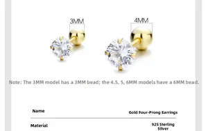 Détail de boucles d'oreilles en argent 925 avec zircons de tailles 3mm et 4mm