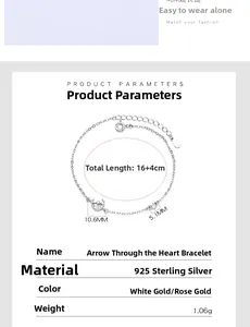 Detail view of 925 sterling silver cupid heart bracelet showing dimensions and 1.06g weight