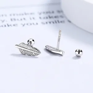 Minimalist 925 Sterling Silver Feather Stud Earrings For Women Tiny Ear Bone Studs With Screw Back Ball Closure Jewelry