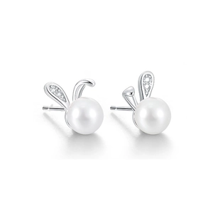 Cute 925 sterling silver bunny pearl stud earrings with sparkling cubic zirconia accents