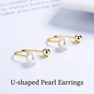 925 Sterling Silver U Shaped Freshwater Pearl Earrings For Women French Minimalist Twist Screw Thread Hoop Earrings Jewelry