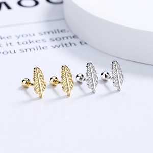 Minimalist S925 sterling silver feather stud earrings with secure screw back closure