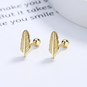 Minimalist S925 sterling silver feather stud earrings with golden screw back closure