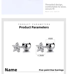 Detail view of 925 silver star stud earring with 4.3mm width and screw back design