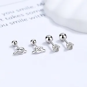 925 Sterling Silver Flower Knot Screw Back Stud Earrings For Women Minimalist Exquisite Rhinestone Silver Ear Bone Jewelry