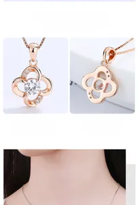 Macro detail of rose gold clover pendant with cubic zirconia and model wearing view
