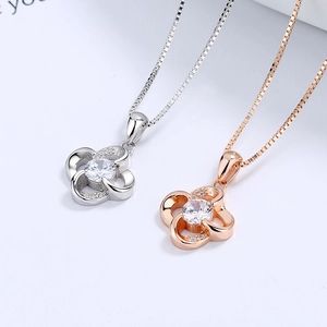 S925 Sterling Silver Clover Pendant Necklace with Zirconia in Silver and Rose Gold