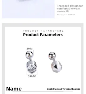 Detailed view of 3.8mm screw-back 925 silver stud earring with cubic zirconia stone