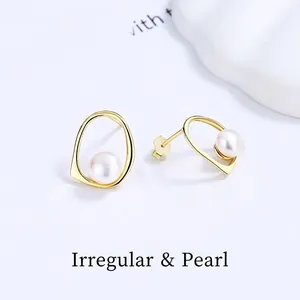 Irregular 925 Sterling Silver Freshwater Pearl Stud Earrings Rhinestone Hollow Geometric French Style Jewelry For Women