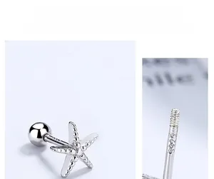 Macro shot of S925 sterling silver starfish stud earring with textured metal and screw back