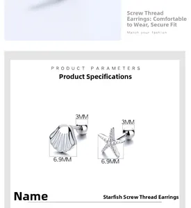 Detailed size specifications for 925 sterling silver starfish and shell screw earrings