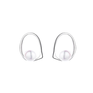 S925 silver irregular geometric earrings with elegant white freshwater pearls on white background