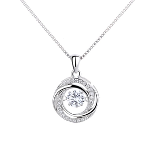 Sparkling silver double ring moving stone necklace with crystal pave pendant for women