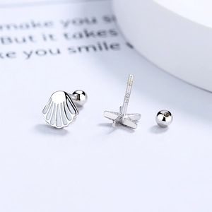 Asymmetric S925 sterling silver starfish and seashell screw back stud earrings