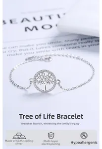 Detail of S925 sterling silver Tree of Life bracelet with sparkling zircon stones