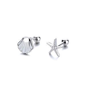 Asymmetric 925 sterling silver starfish and shell screw back stud earrings for women