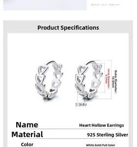 Detailed view of 925 sterling silver hollow heart earrings with dimensions 10.8mm