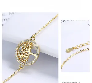 Detail of 925 silver tree of life bracelet with zircon inlay and adjustable extension chain