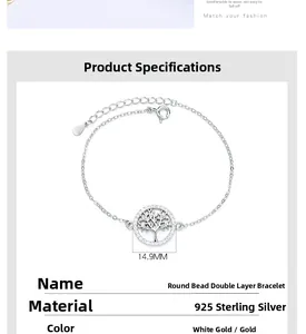 Detailed size parameters of 925 silver tree of life bracelet with 14.9mm pendant