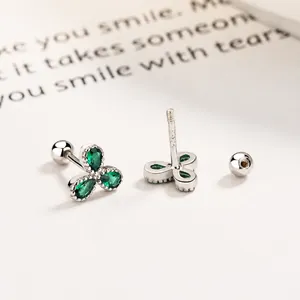 925 Sterling Silver Clover Screw-Back Stud Earrings with Emerald Green Stones