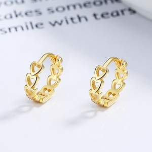 Polished 925 sterling silver hollow heart-shaped hoop earrings in gold finish for women