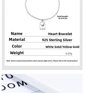 Detailed specs of 925 sterling silver heart bracelet with size and weight info