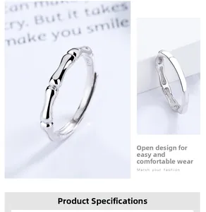 Macro detail of S925 sterling silver bamboo joint ring with adjustable open band
